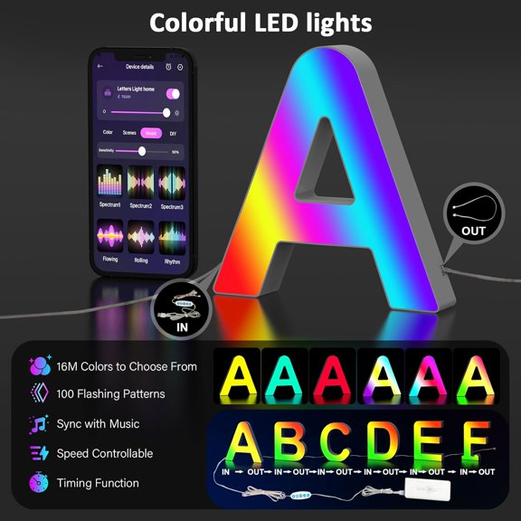 YJYASX-A LED Marquee Letter Light USB Powered APP Control Color Changing Light with Music Sync, Romantic Initial Decor for Anniversary or Bedroom Wall