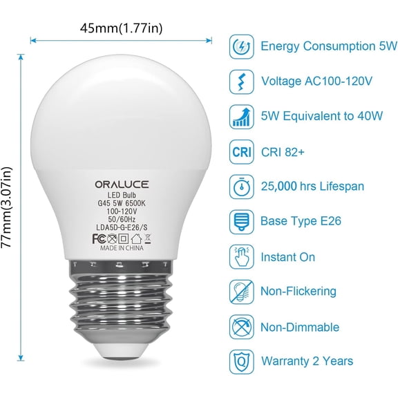 YJYASX-A15 LED Bulb 5 Watts Cool White 6500K,40W Equivalent Table Lamp Bulb, E26 Standard Screw Base G45 Shape Small Light Bulbs for House Lighting,450 Lumen,Non-Dimmable,6 Pack