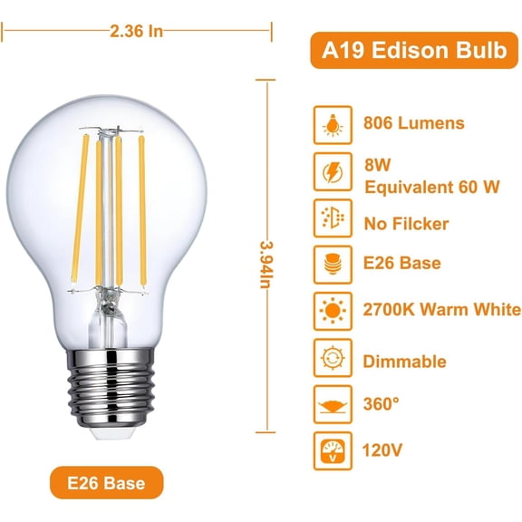 YJYASX-A19 Dimmable LED Bulb 2700K Warm White, 6 PCS A19 Edison Bulb, 8W Equal 60W Clear Light Bulbs, Long Lasting 806LM Edison Bulbs E26 LED CRI85+ for Living Room, Chandelier