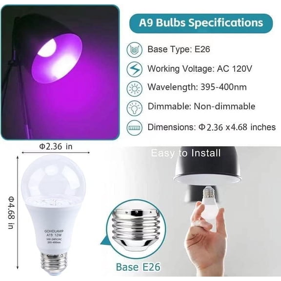 YJYASX-A19 LED Black Light Bulb 12W 395-400nm UVA - 3-Pack for Halloween Decor, Glow Parties, Fluorescent Art & Dark Room Effects, E26 Base uv Light Bulb
