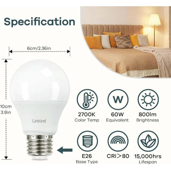 YJYASX-A19 LED Light Bulb, 60W Equivalent, 9W 2700K Soft White, 800 Lumens Non-Dimmable, E26 Standard Base, Energy Efficient UL Listed for Bedroom Home Office, 12 Pack