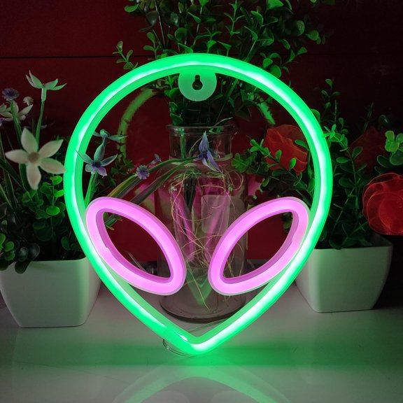YJYASX-Alien Neon Light,USB or 3-AA Battery Powered Neon Signs,LED Desktop Wall Decoration,Various Parties,Decoration Of Business Premises(Green+Pink)