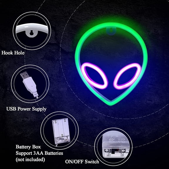 YJYASX-Alien Neon Sign LED Light USB/Battery Operated Cool Light Up Sign for Wall Decor Game Room Aesthetic Hanging Light for Man Cave, Bedroom, Bar, Party, Christmas