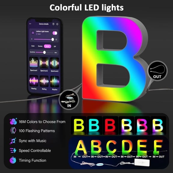 YJYASX-B LED Letter Light USB Powered APP Control Night Light for Baby Room Decor, Color Changing Marquee Sign for Baby Shower or Kids Birthday