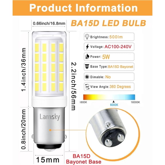 YJYASX-BA15D LED Bulb,5W Daylight White 6000K,AC110V/120V/220V,B15 Double Bayonet Base Bulb,54x4014SMD LEDs 500lm,Not Dimmable 2-Pack