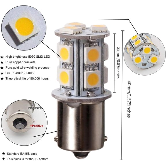 YJYASX-Ba15s 1141 1156 1003 13-5050SMD Warm White 3000K LED Bulb AC/DC12V-24V Car Backup Reverse Lights, Tail Parking Lights,Camper Trailer RV Interior Light Pack of 6