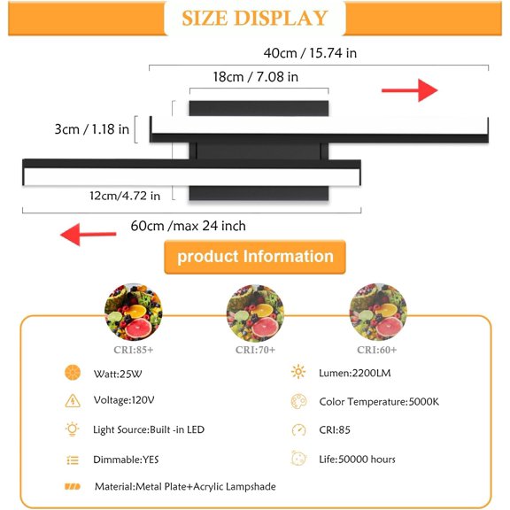 YJYASX-Bathroom Vanity Light 24 inch- Bathroom Light Fixture Over Mirror,25W 5000K 1 Pack Adjustable -ETL Certificated