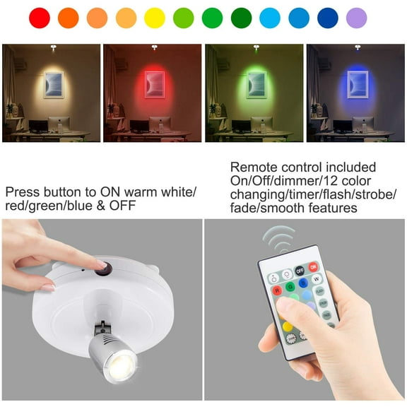 YJYASX-Battery Operated LED Spotlights Indoor,Accent Lights with Dimmable,12 Color Changing Puck Light with 2 Remote,Closet Light with Rotatable Lighting Head,Stick on Dart Board Lighting