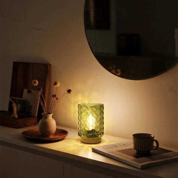 YJYASX-Battery Operated Lamp Cozy Bedside Ambience, Small Vintage Cordless Table Lamp for Shelf Office Desk, Glass Decorative Accent Lamp for Living Room/Entryway/Dorm Wave Design-Green