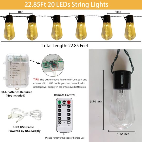 YJYASX-Battery Operated Outdoor Lights 22.8Ft 20 LED Edison Bulbs String Lights with 8 Modes & Timer, USB Plug in Fairy String Light for Indoor, Outdoor, Bedroom, Balcony, Patio, Camping, Christmas D