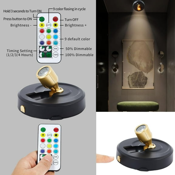 YJYASX-Battery Operated Spotlight, Wireless Picture Lights with Color Changing, LED Puck Light, Dimmable & Timer Accent Light with Remote, Stick on Display Lighting for Portrait Dartboard Painting Ga
