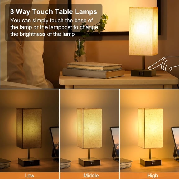 YJYASX-Bedside Lamp, Touch Lamp with 3 Way Dimmable 2700K LED Bulb Touch Control USBA USBC Charging Port Black Base Linen Fabric Shade, Lamps for Bedroom Reading Room, 2 Pack