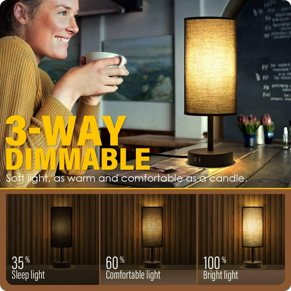 YJYASX-Bedside Lamp with USB Port - Touch Control Table Lamp for Bedroom 3 Way Dimmable Nightstand Lamp with Round Black Fabric Shade for Living Room, Dorm, Home Office (LED Bulb Included)