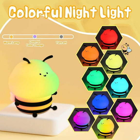 YJYASX-Bee Night Light, Cute Bumble Bee Gift for Kid, Animal Silicone Nursery Lamp with 8 Color Light & Dimming & Timer, Rechargeable Bedroom Classroom Decor Birthday Xmas Gift for Girl Boy
