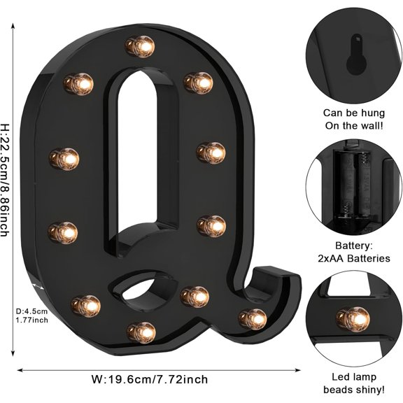 YJYASX-Black LED Letter Lights for Room Decor - Bedroom Wall Decor, Alphabet Lights for Home, Wedding, Party - Battery Operated Q