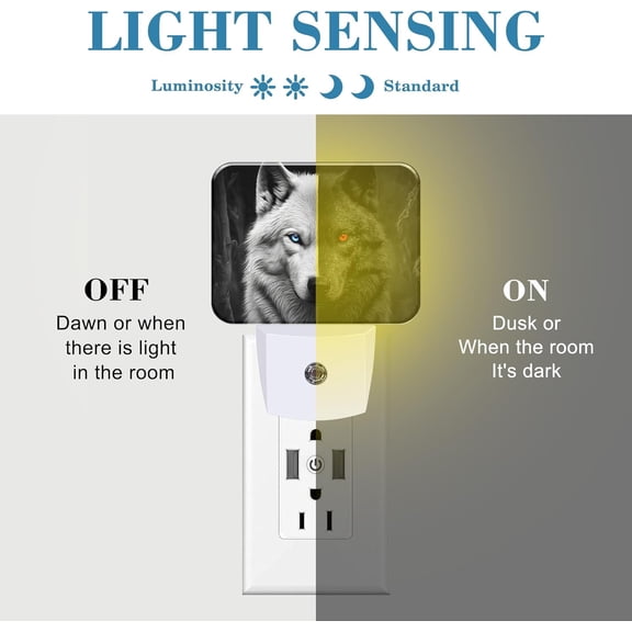 YJYASX-Black White Wolf Night Light for Kids Girls Boys, Red Blue Eyes Wolf LED Night Light Plug into Wall with Dusk to Dawn Sensor for Bedroom, Hallway, Kitchen, Bathroom, Stairs Decor