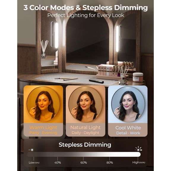 YJYASX-Black Wireless Vanity Lights 2 Pack, 1600mAh Rechargeable Battery Operated Makeup Lights for Mirror with 3 Color Modes & Stepless Dimming, Long Battery Life LED Light Bar for Makeup Desk