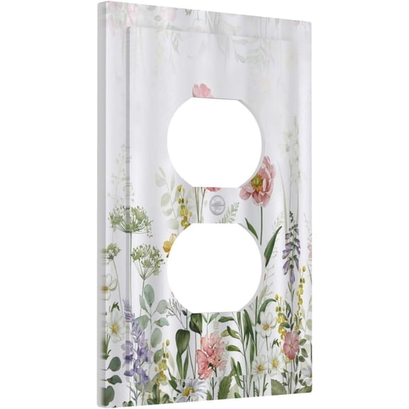 YJYASX-Boho Colorful Floral Plants 1 Gang Duplex Outlet Covers Faceplate Decorative Single Electrical Receptacle Wall Plate Vintage Pink Wild Flower Green Leaves Light Switch Cover Plate for Country