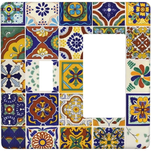 YJYASX-Boho Mandala Mosaic Ceramic Tile 2 Gang Combination Single Toggle/Decorator Wall Plate Yellow/Blue/Green Mexican Tile Combo 1-Toggle 1-GFCI/Rocker Outlet Light Switch Dimmer Receptacle Facepla