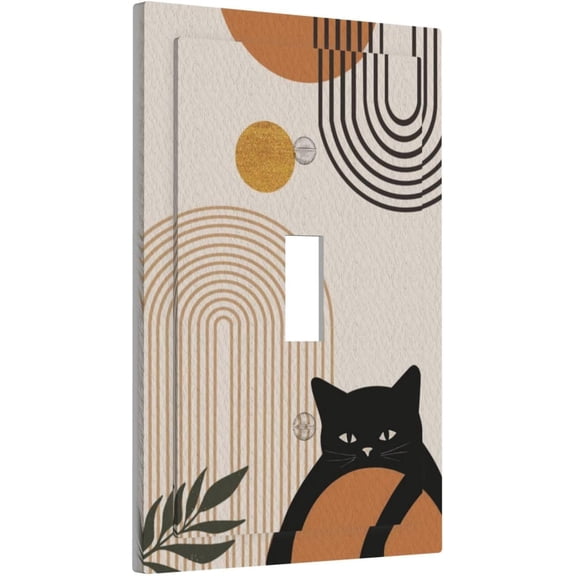YJYASX-Boho Mid Century Modern Decorative 1-Gang Toggle Light Switch Cover Abstract Black Cat & Green Leaf Arch Sun Design Single Toggle Wall Plate Faceplate Mid Size Electrical Outlet Cover Bathroom