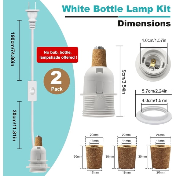 YJYASX-Bottle Lamp Kit,2 Pack Bottle Lamp Adaptor Kit, Lamp Kits for Do it Yourself, E27 Lamp Holder with 8 Ft Power Cord,Lamp Making Kit Easily Convert Any Bottle into A Lamp, Includes 3 Sizes of Co