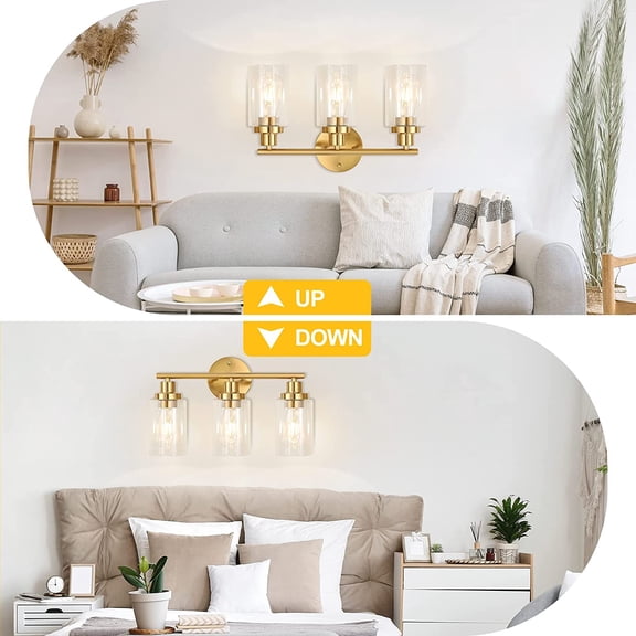 YJYASX-Brushed Brass Bathroom Wall Light Fixtures 3 Lights Vanity Wall Sconce with Clear Glass Shade Modern Farmhouse Wall Lamp for Bathroom Mirror Kitchen Living Room Workshop