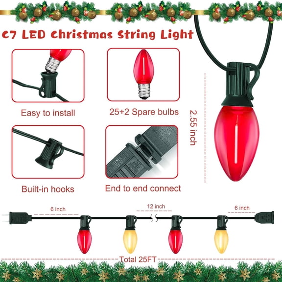 YJYASX-C7 Christmas Lights Outdoor 25Ft Vintage Christmas String Lights with 27 LED Frosted White and Red Bulbs(2 Spare), Plug in Outdoor Christmas Lights Waterproof for Outside Porch Tree Party Holi