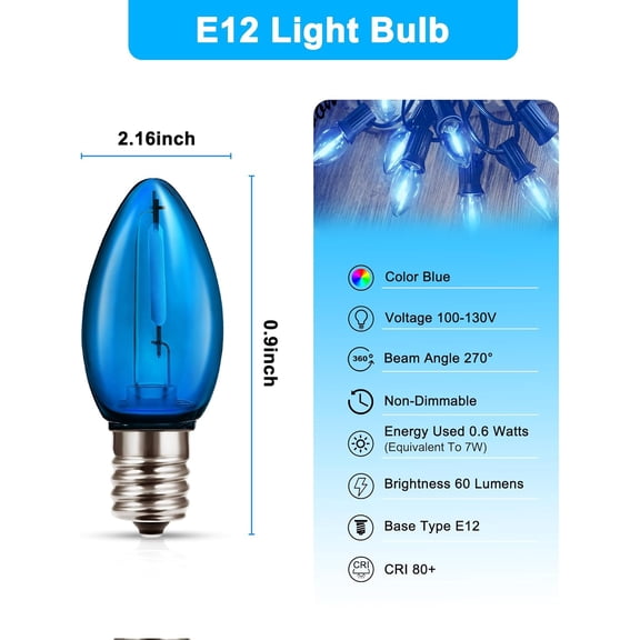 YJYASX-C7 LED Blue Candle Light Bulb, E12 Base Bulbs 0.6W Equivalent 7Watt, Non-Dimmable, Festival Decoration for Indoor&Outdoor Decor, Christmas, Party, Home Lighting, Holiday Lighting, Nightlight,