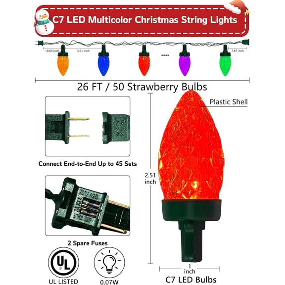 YJYASX-C7 LED Christmas Lights Outdoor, 26FT C7 Vintage Christmas Lights with 52 Multicolor Strawberry LED Bulbs, Plug in Outdoor String Lights for Party Garden Xmas Tree Patio Decorations