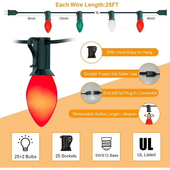 YJYASX-C7 Multicolor Christmas String Lights, 25Ft Ceramic Multicolor String Lights with 27 C7 Red White Green Bulbs(2 Spare), Hanging Vintage Lights for Christmas Indoor Outdoor Yard Patio Decor
