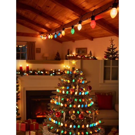 YJYASX-C7 Vintage Christmas Lights, 25Ft Ceramic Multicolor Christmas String Lights with 27 5W Glass Bulbs, Waterproof Connectable Christmas Decorations for House Roofline Backyard Wedding Holiday Pa