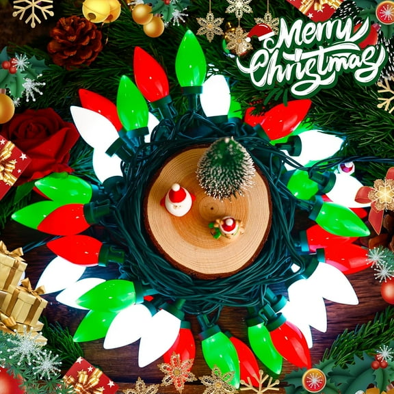 YJYASX-C9 Big Bulbs Classic Christmas Lights 50 LED 32ft Strawberry String Light - Outdoor, Indoor, Garden, Yard, Party, Home, Wreath, Garland,Tree (Red White Green - 50LED)