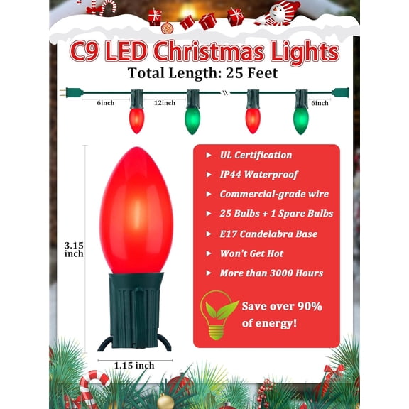 YJYASX-C9 LED Christmas String Lights, 25FT Vintage Multicolor Lights with 27 C9 Red/Green/White Ceramic LED Bulbs, Outdoor String Lights for Christmas Tree Party Backyard - Green Wire