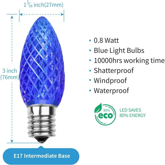YJYASX-C9 Led Replacement Christmas Light Bulbs, C9 Shatterproof Led Bulbs for Christmas Indoor Outdoor String Lights, E17 Intermediate Base, Commercial Grade Holiday Bulbs, Blue, 25Pack