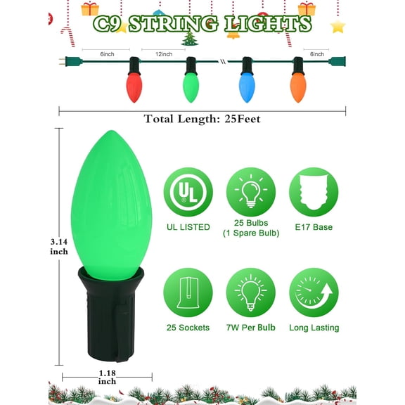 YJYASX-C9 Vintage Christmas String Lights with 26 Multicolor Ceramic Bulbs, 25FT Hanging Outdoor & Indoor String Lights for Christmas Tree Patio Roofline Decoration (Green Wire)