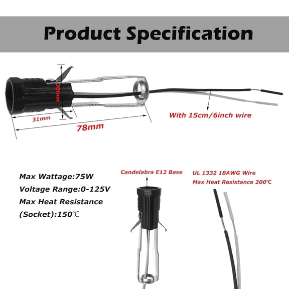 YJYASX-Candelabra Base Candle Socket,E12 Lamp Holder with 6 Inch Wire Lead for E12 Incandescent LED Light Bulb,Double Hickey and Snap-in Clip,3" Overall Height