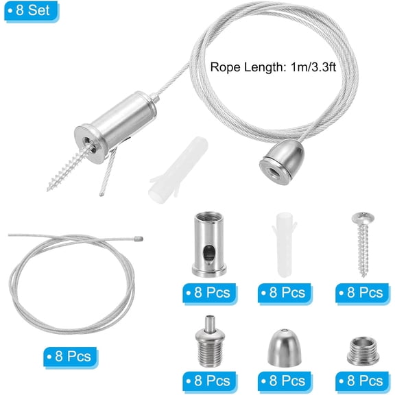 YJYASX-Ceiling Hanging Wire Cable Kit, 1m/3.3ft 8 Set Adjustable Light Suspend Cable Kit Panel Hanging Rope Clamp for Pendant Light Fitting Aquarium Lights, Style 3