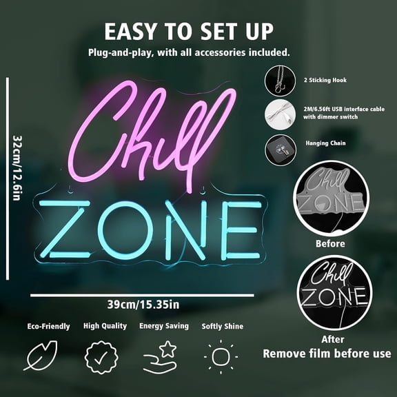 YJYASX-Chill Zone Neon Signs for Wall Decor Dimmable LED Neon Light USB Powered Light Up Signs for Home Lounge Game Room Bar Bedroom Wall Art Man Cave Decor