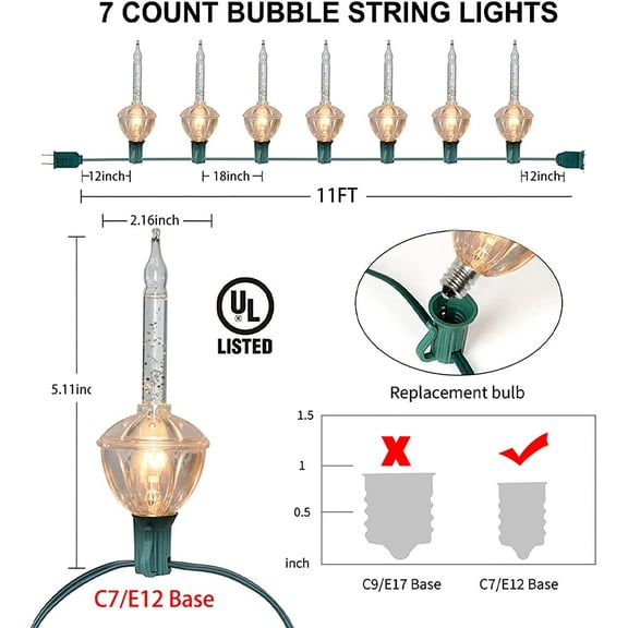 YJYASX-Christmas Bubble Lights - 7 Tradtional Bubble Light (2 Pack) Set, 7 Clear Bubble Fluids with Silver Glitter, Green Wire, Traditional Christmas Lighting for Christmas Tree Holiday