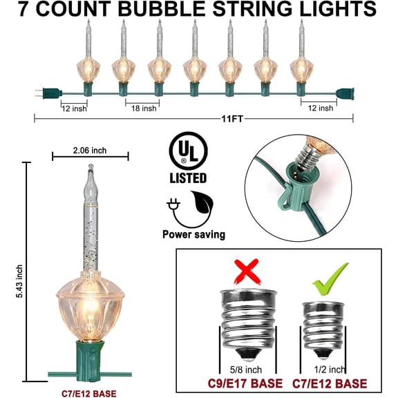 YJYASX-Christmas Bubble Lights,Vintage Light String Set 11Ft 7 Clear Bubble Fluids with Gold Glitter C7/E12 Candelabra Base UL-Listed for Holiday Christmas Lighting Green Wire