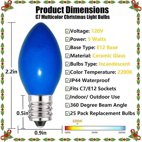 YJYASX-Christmas Light Replacement Bulbs 25 Pack C7 Ceramic Multicolor Incandescent Lights Bulb, Outdoor String Light Bulbs for C7 Christmas Lights, E12 Candelabra Base, 5 Watt