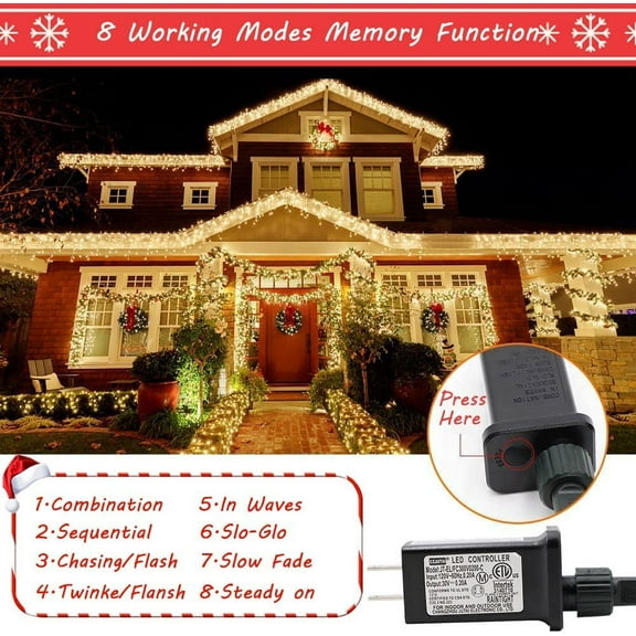 YJYASX-Christmas Lights Outdoor, 105FT 300 LED String Lights Indoor with 8 Modes, End-to-End Plug, UL Certified, Waterproof Fairy Lights for Xmas Tree Decorations Garden Party (Warm White)