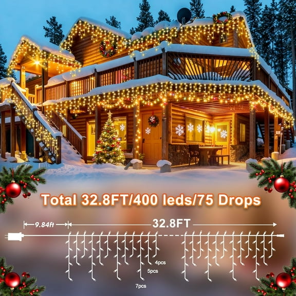 YJYASX-Christmas Lights Outdoor Decorations 400 LED 33ft 8 Modes Curtain Fairy String Light with 75 Drops, Clear Wire LED String Light Indoor Decor for Wedding Party Christmas Decorations Warm White