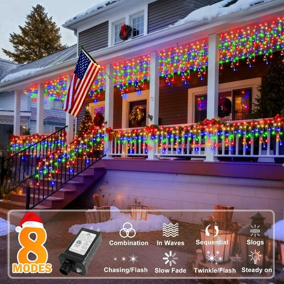 YJYASX-Christmas Lights Outdoor Decorations 400 LED 33ft 8 Modes Curtain Fairy String Light with 75 Drops, Clear Wire LED String Light for Wedding Party Holiday Christmas Decorations Multicolor