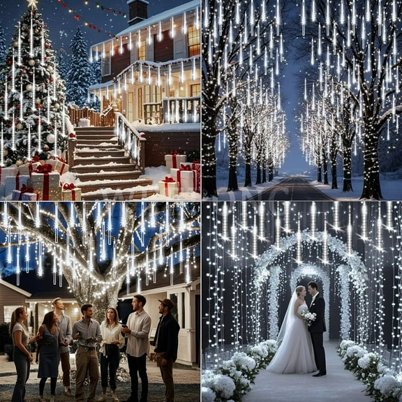 YJYASX-Christmas Lights Outdoor UL Certified Meteor Shower Lights 12 Inch 8 Tubes 192 LED Falling Rain Drop Icicle Snow Cascading Light for Xmas Tree Wedding Party Garden Decoration, White