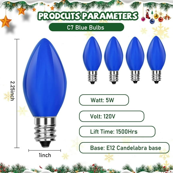 YJYASX-Christmas Replacement Light Bulbs, C7 Blue Ceramic Christmas Light for Xmas Holiday Festival Party Decoration Porch Home Lighting Chandelier, 5 Watt Night Light Bulbs, 25 Pack-E12 Candelabra B