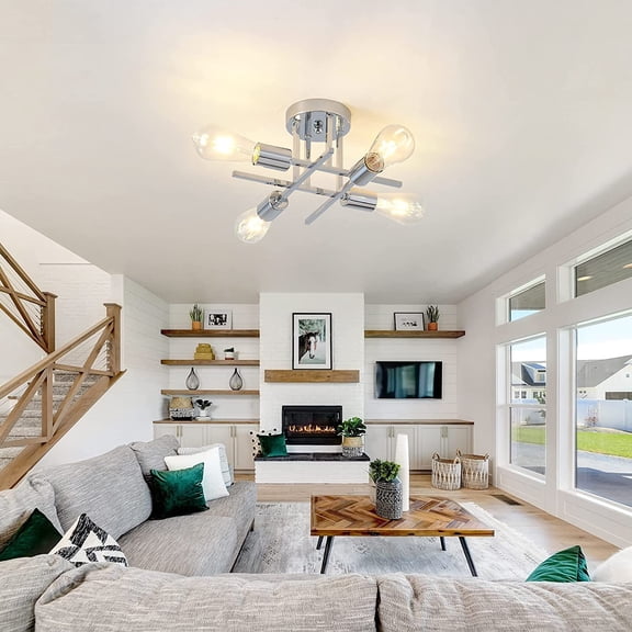 YJYASX-Chrome Semi Flush Mount Ceiling Lights, 4-Light Modern Kitchen Ceiling Light Fixture with E26 Bulb Base, Industrial Sputnik Chandelier for Dining Room Foyer Bedroom Office (1 Pack)