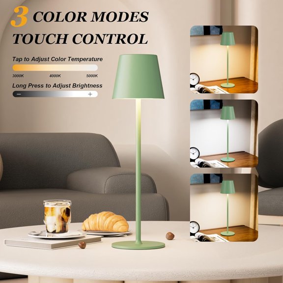 YJYASX-Cordless Table Lamp Rechargeable Green - KK 2 Pack 5000mAH Battery Operated Lamp for Dining Table, 3 Color Stepless Dimming Wireless Lamp for Counter, Outdoor Patio, Touch Control