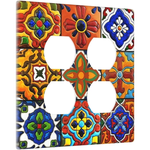 YJYASX-Decorative Outlet Covers Mexican Talavera Ceramic Tile Pattern 2 Gang Wall Plate Cover Double Duplex Receptacle Two Switch Light Switch Cover Plate Jumbo Dual Face Plate