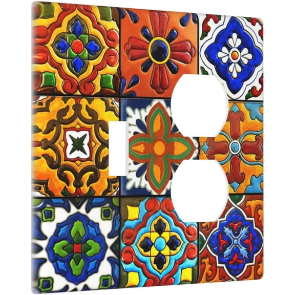YJYASX-Decorative Outlet Covers Mexican Talavera Ceramic Tile Pattern 2 Gang Wall Plate Cover Single Toggle Duplex Combo Two Switch Light Switch Cover Plate Jumbo Dual GFCI Face Plate